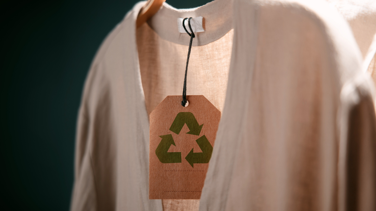 A beige shirt on a hanger with a brown tag displaying a green recycling symbol hints at eco-friendly or recycled material, though it may reflect greenwashing in fashion.